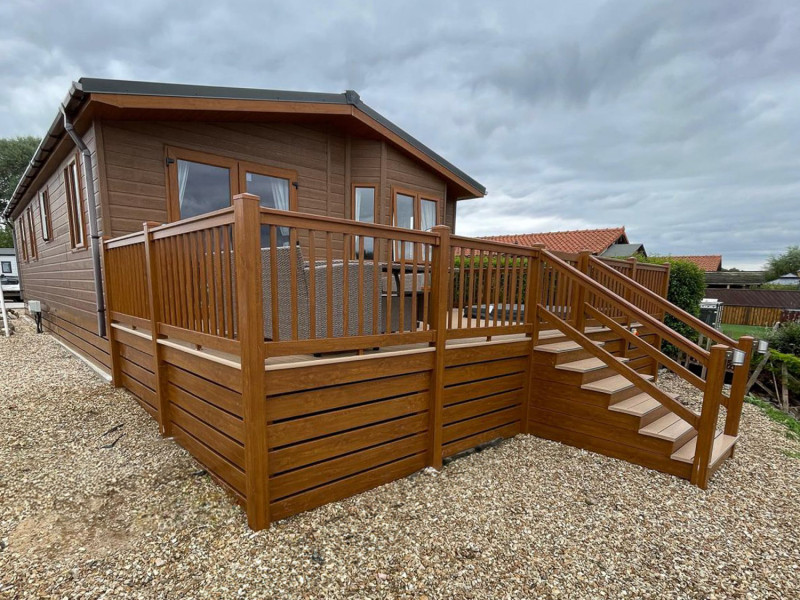 Atlas Lilac Lodge 2016 on lakeside pitch at Tattershall Lakes Country Park, Lincolnshire